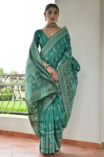 emerald color warli design weaving banglori raw silk saree