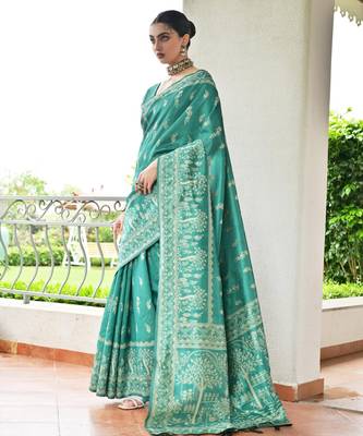 emerald color warli design weaving banglori raw silk saree 3