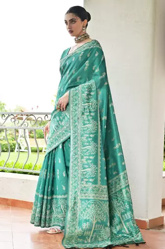 emerald color warli design weaving banglori raw silk saree