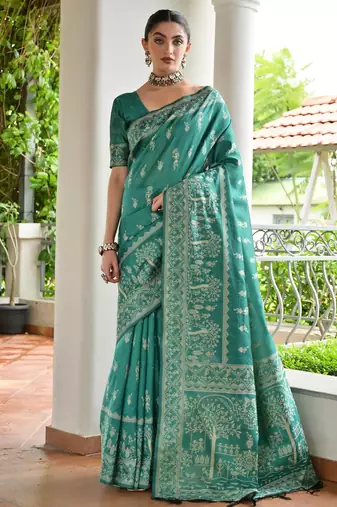emerald color warli design weaving banglori raw silk saree