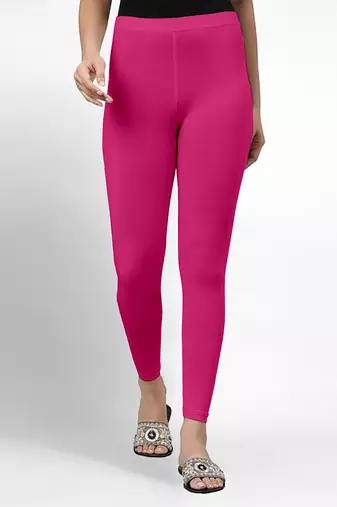 Pink super combed cotton elastane stretch ankle length leggings with ultrasoft waistband