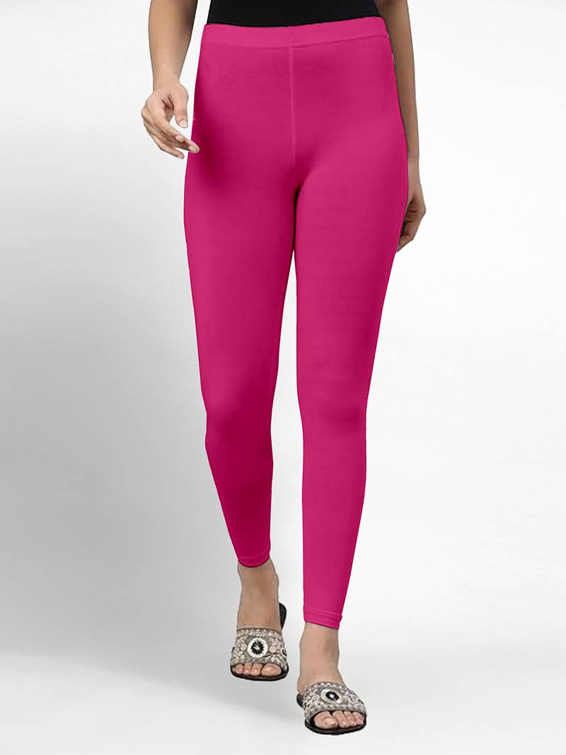 Pink super combed cotton elastane stretch ankle length leggings with ultrasoft waistband