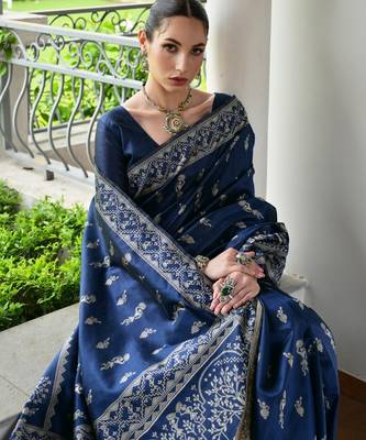 navy blue warli design weaving banglori raw silk saree 2