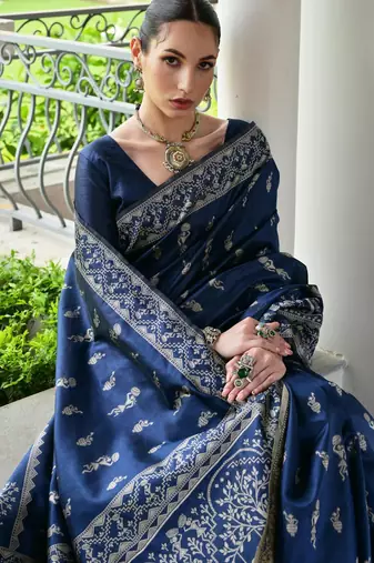 navy blue warli design weaving banglori raw silk saree