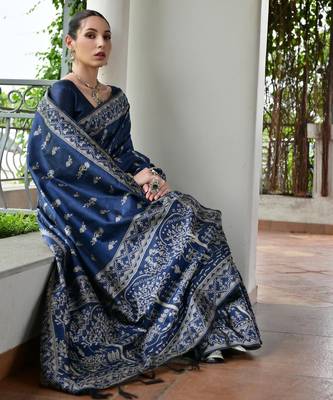 navy blue warli design weaving banglori raw silk saree 3