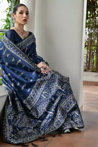 navy blue warli design weaving banglori raw silk saree