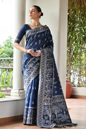 Navy blue color warli design weaving banglori raw silk saree