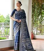 Navy blue color warli design weaving banglori raw silk saree