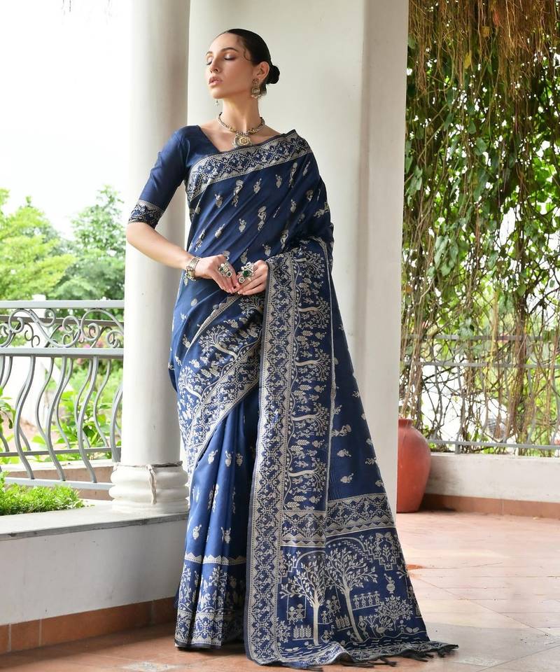 Navy blue color warli design weaving banglori raw silk saree