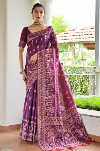 Plum color warli design weaving banglori raw silk saree