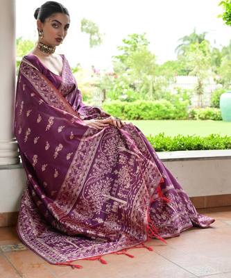plum warli design weaving banglori raw silk saree 3