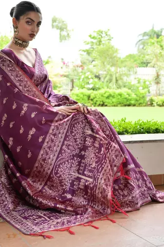 plum warli design weaving banglori raw silk saree