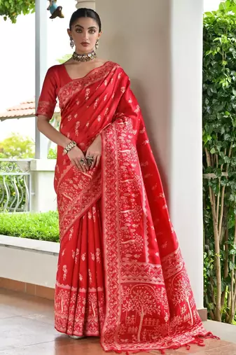 Red color warli design weaving banglori raw silk saree