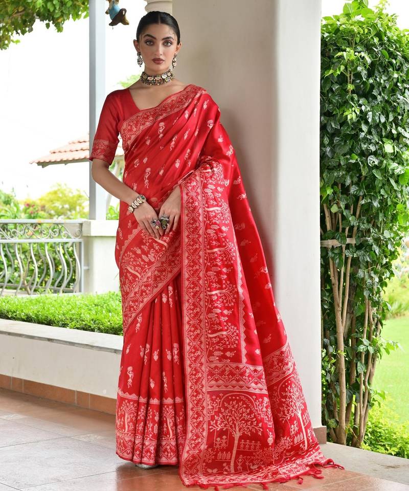Red color warli design weaving banglori raw silk saree