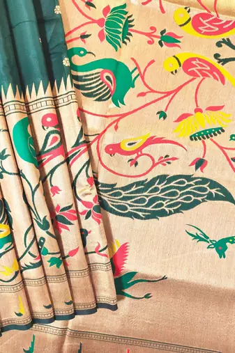 Dark green color zari and meena weaving banarasi silk paithani saree