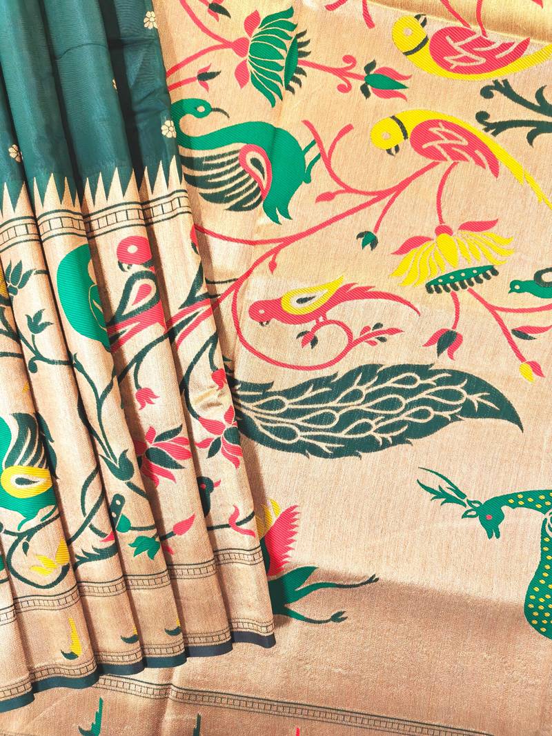 Dark green color zari and meena weaving banarasi silk paithani saree