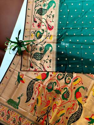 dark green zari and meena weaving banarasi silk paithani saree 2