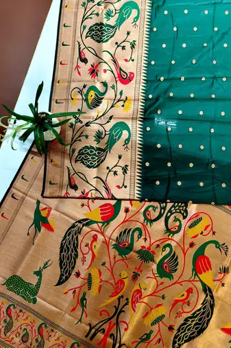 dark green zari and meena weaving banarasi silk paithani saree