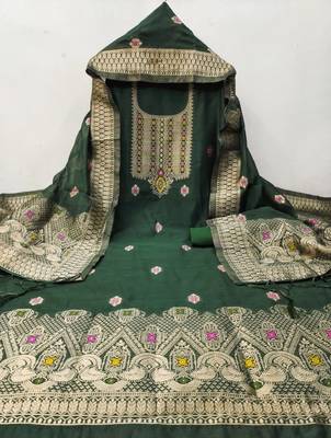 Green Chanderi Banarasi silk zari woven design dress material 4