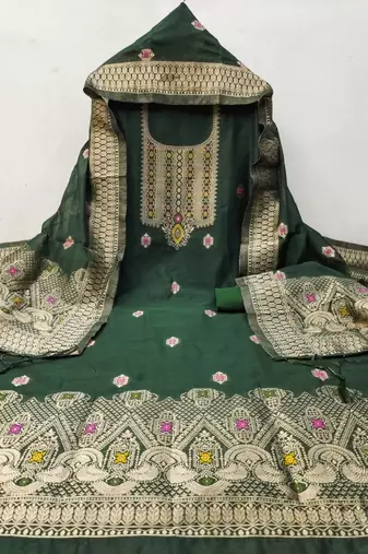 Green Chanderi Banarasi silk zari woven design dress material