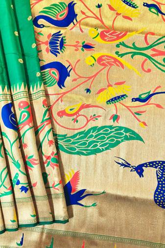 Parrot green color zari and meena weaving banarasi silk paithani saree