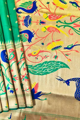 Parrot green color zari and meena weaving banarasi silk paithani saree