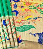 Parrot green color zari and meena weaving banarasi silk paithani saree