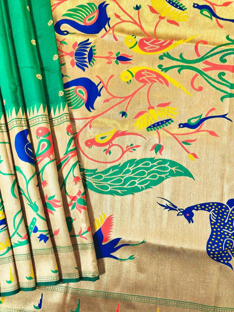 Parrot green color zari and meena weaving banarasi silk paithani saree