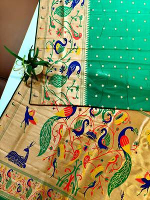 parrot green zari and meena weaving banarasi silk paithani saree 2