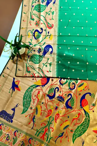 parrot green zari and meena weaving banarasi silk paithani saree