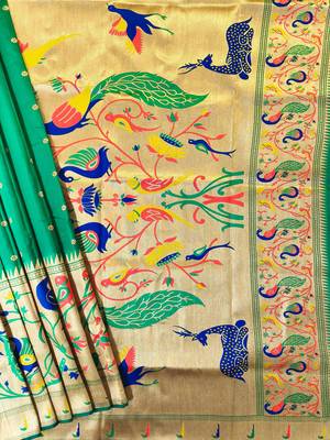 parrot green zari and meena weaving banarasi silk paithani saree 3