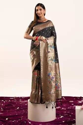 Black color zari  weaving and jal woven banarasi silk paithani saree