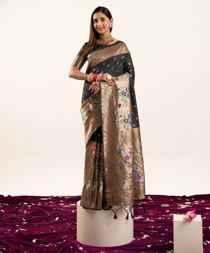 Black color zari  weaving and jal woven banarasi silk paithani saree
