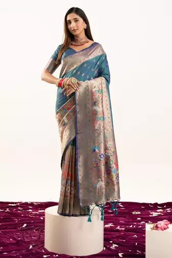 Dark green color zari  weaving and jal woven banarasi silk paithani saree