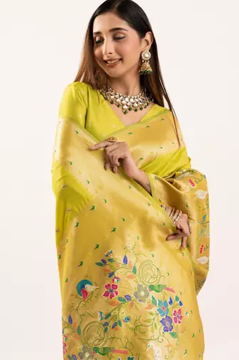 light parrot green zari weaving and jal woven banarasi silk paithani saree