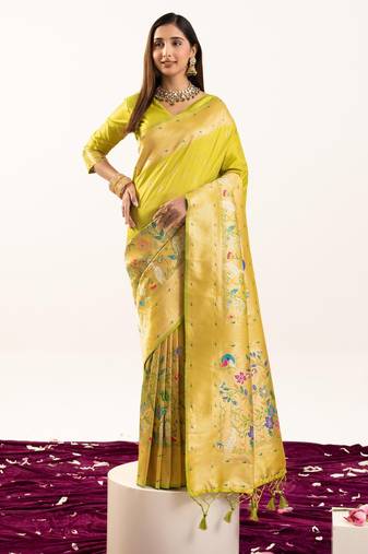 Light parrot green color zari  weaving and jal woven banarasi silk paithani saree