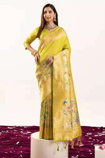 Light parrot green color zari  weaving and jal woven banarasi silk paithani saree