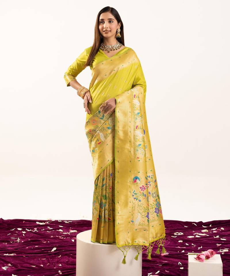 Light parrot green color zari  weaving and jal woven banarasi silk paithani saree