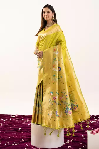 light parrot green zari weaving and jal woven banarasi silk paithani saree
