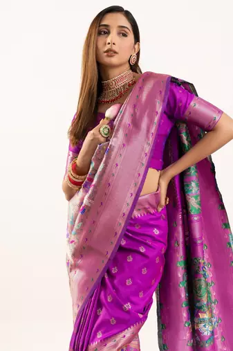 purple zari weaving and jal woven banarasi silk paithani saree