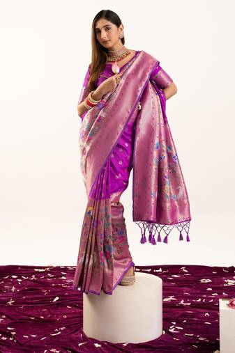Purple color zari  weaving and jal woven banarasi silk paithani saree