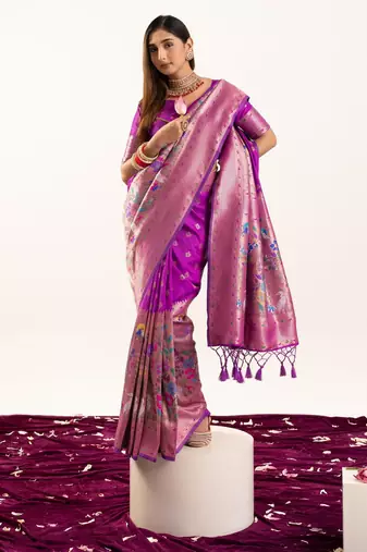 Purple color zari  weaving and jal woven banarasi silk paithani saree