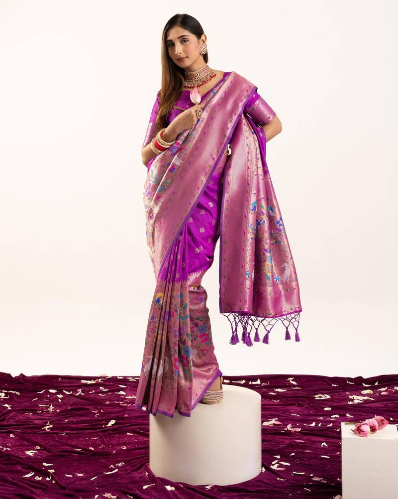 Purple color zari  weaving and jal woven banarasi silk paithani saree