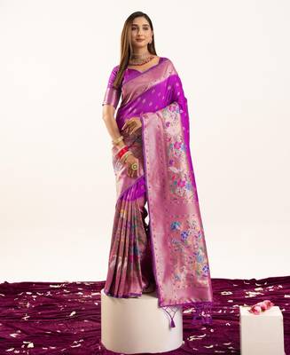 purple zari weaving and jal woven banarasi silk paithani saree 3