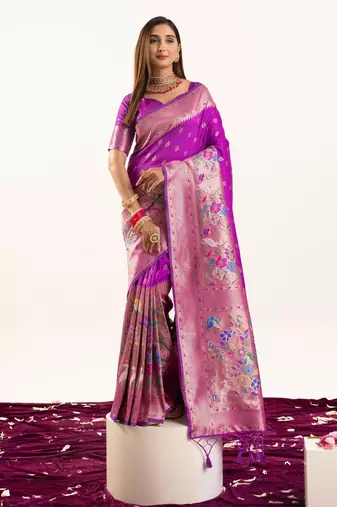 purple zari weaving and jal woven banarasi silk paithani saree
