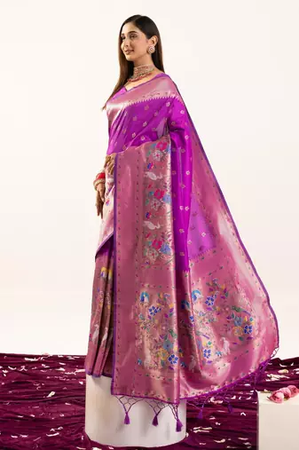 purple zari weaving and jal woven banarasi silk paithani saree