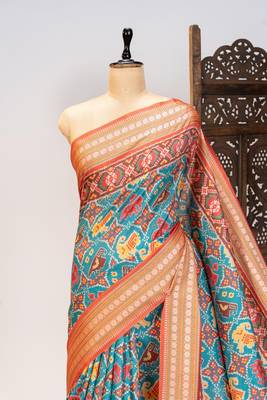 blue patola design and silver coin weaving pure patola silk saree 3