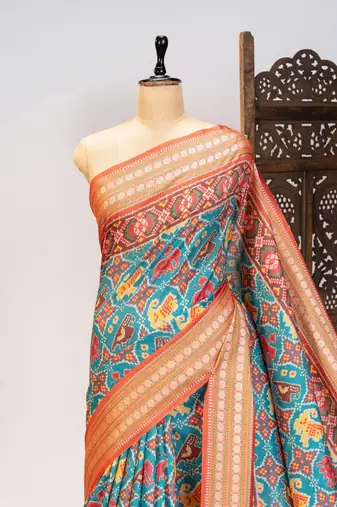 blue patola design and silver coin weaving pure patola silk saree