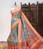 blue patola design and silver coin weaving pure patola silk saree