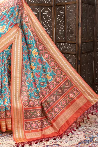 blue patola design and silver coin weaving pure patola silk saree